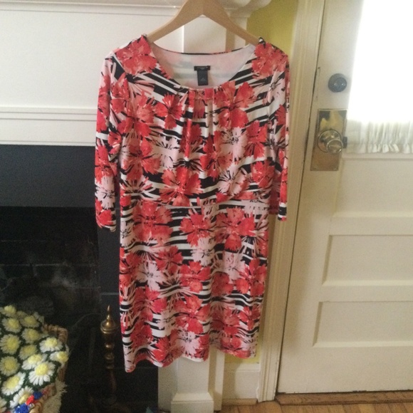 Ann Taylor Blouson Stretch Dress Floral Striped - Sz Large Petite - Picture 1 of 13